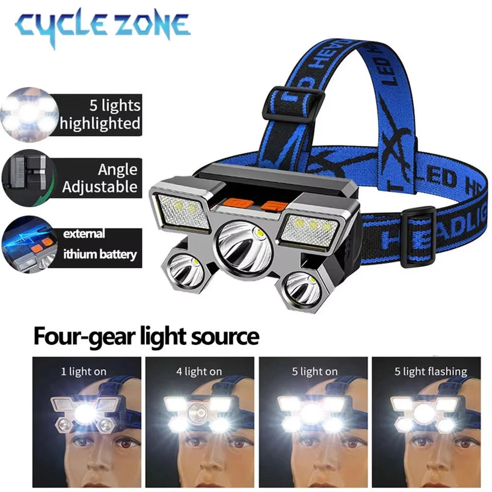 KRUMPROFISHING Rechargeable 5 LED Headlamp – Portable Headlight with Built-in Rechargeable Battery