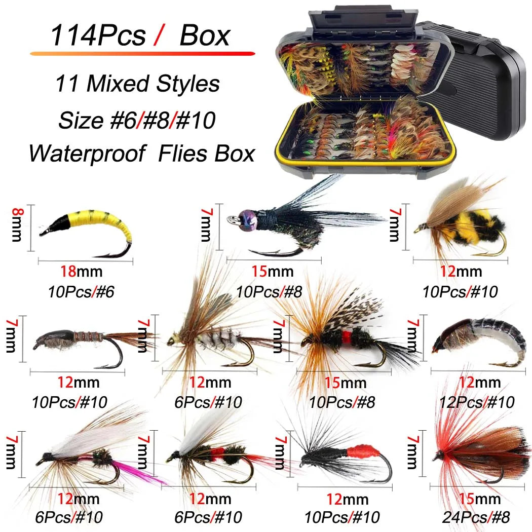 114pcs with Dry/Wet Flies Fly Fishing Flies Kit Fly Assortment Trout Bass Fishing with Fly Box