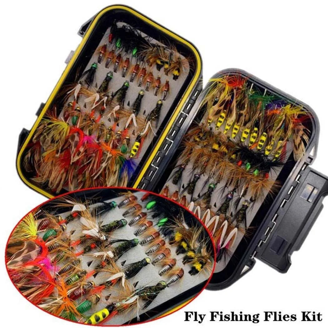 114pcs with Dry/Wet Flies Fly Fishing Flies Kit Fly Assortment Trout Bass Fishing with Fly Box