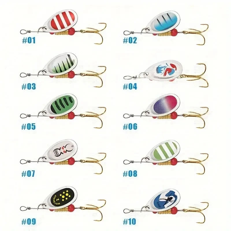 10pcs/Set Spinner Lure 10 Colors with Treble Hook Metal Spoon Lure Hard Fishing Lure with Fishing Tackle Box